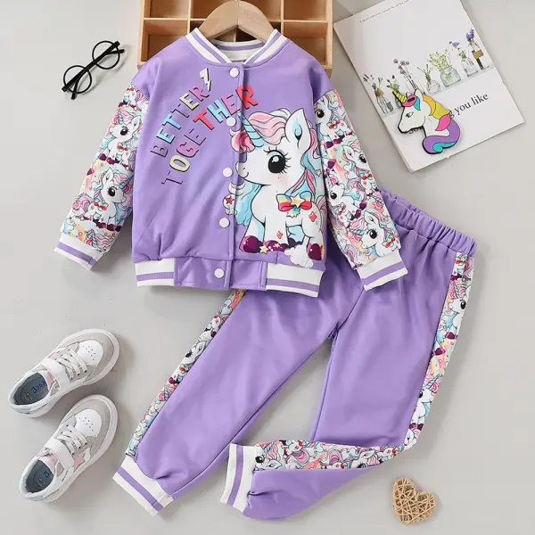 【3Y-7Y】2-piece Girls Purple Unicorn Print Baseball Jacket And Pants Set - Popopieshop.com 