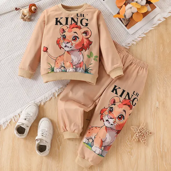 【3Y-7Y】2-piece Boys Khaki Lion Print Long Sleeve Sweatshirt And Pants Set - Popopieshop.com 