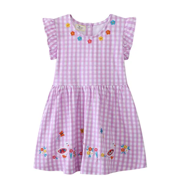 【1Y-7Y】Girls Cute Floral And Butterfly And Duck Embroidered Purple Plaid Dress - Popopieshop.com 
