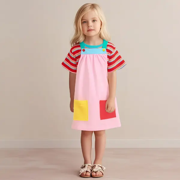 【1Y-7Y】2-piece Girls Cute Red Striped T-shirt And Color Block Patchwork Dress Set - Popopieshop.com 