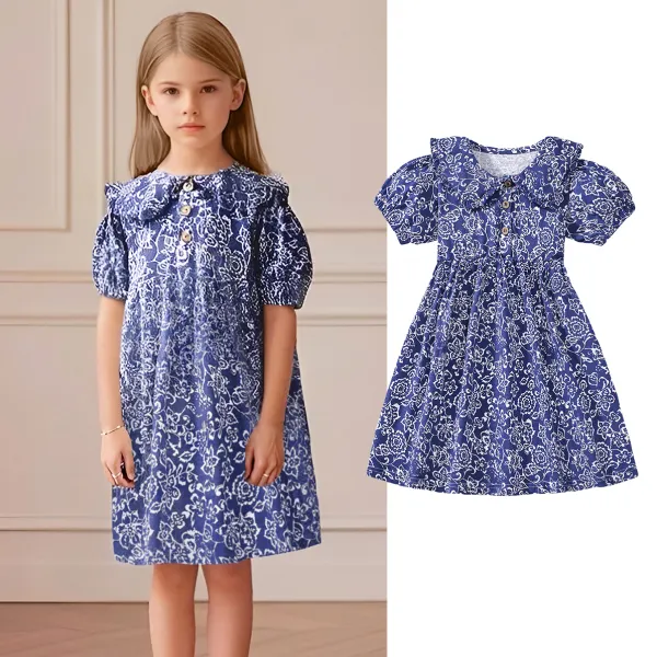 【1Y-7Y】Girls Vintage Elegant Floral Print Blue Bubble Sleeve Dress - Popopieshop.com 