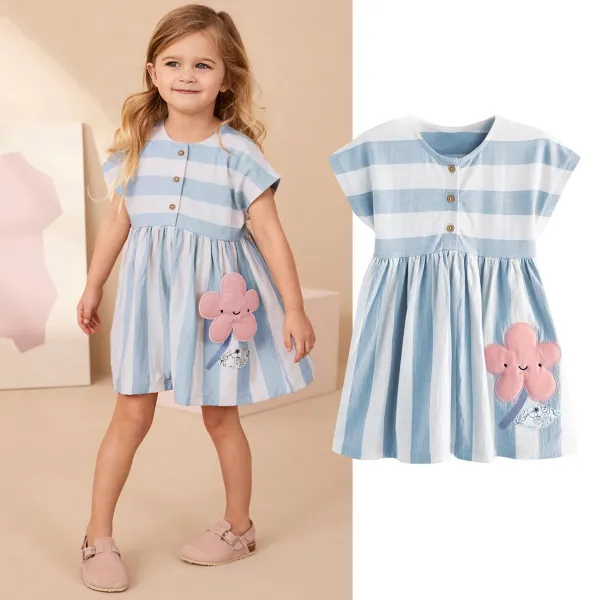 【1Y-7Y】Girls Cute Dimensional Flower Embroidered Blue Striped Short Sleeve Dress - Popopieshop.com 