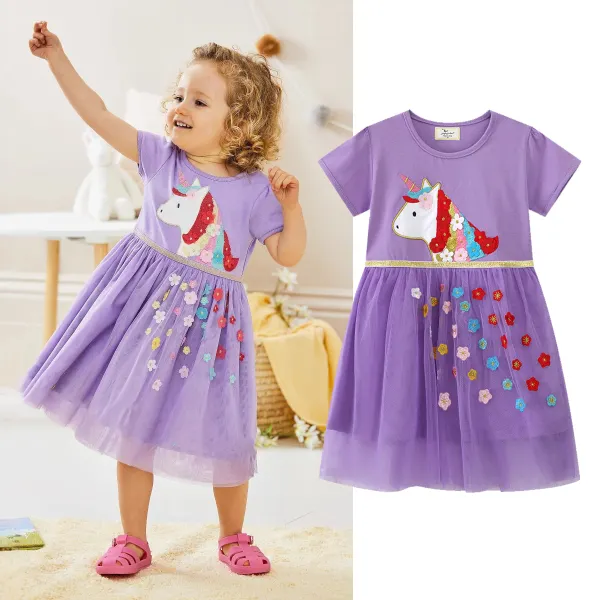 【1Y-7Y】Girls Cute Unicorn And Floral Embroidered Purple Short Sleeve Dress - Popopieshop.com 