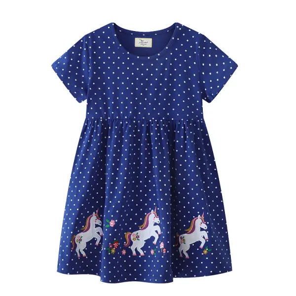 【1Y-7Y】Girls Cute Polka Dot Print And Unicorn Embroidery Navy Short Sleeve Dress - Popopieshop.com 