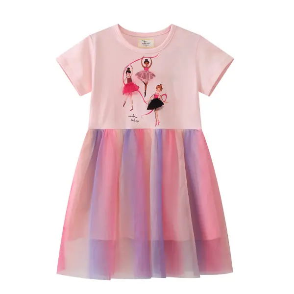 【1Y-7Y】Girls Cute Cartoon Ballet Girls Printed Pink Short Sleeve Dress - Popopieshop.com 