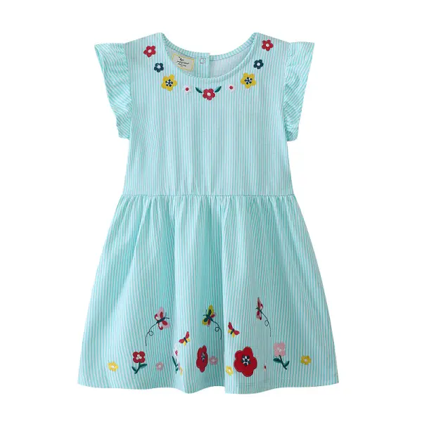 【1Y-7Y】Girls Cute Floral And Butterfly Embroidered Lake Blue Striped Dress - Popopieshop.com 
