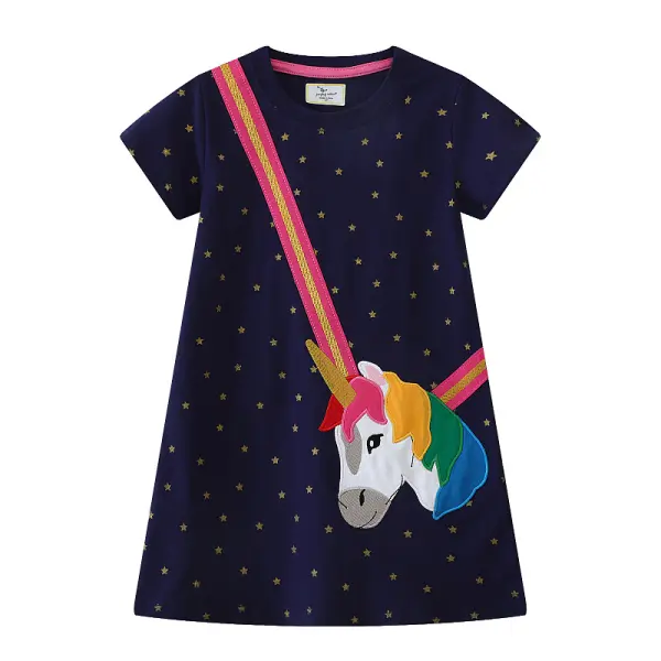 【1Y-7Y】Girls Cute Star Print And Unicorn Embroidery Navy Short Sleeve Dress - Popopieshop.com 