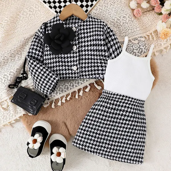 【3Y-7Y】3-piece Girls Elegant White Suspender Tank Top And Houndstooth Long Sleeve Coat And Skirt Set - Popopieshop.com 