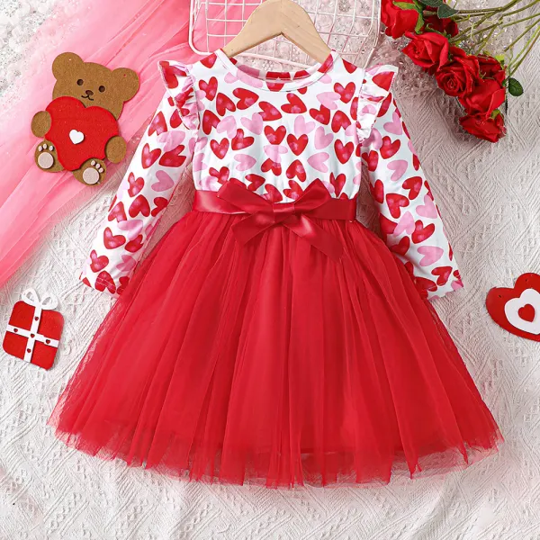 【18M-6Y】Girls Sweet Heart Printe Splicing Layered Tulle Long Sleeve Dress - Thepopopie.com 