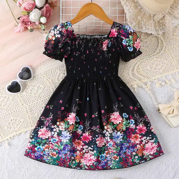 【3Y-7Y】Girls Sweet Floral Print Square Neck Puff Sleeve Dress - Popopieshop.com 