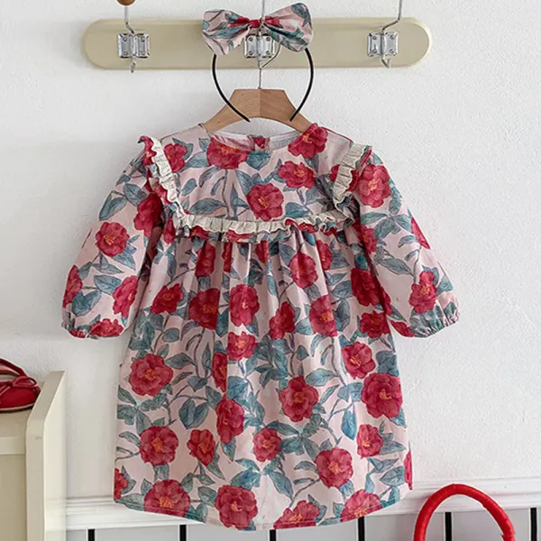【18M-8Y】2-piece Girls Sweet Ruffle Flower Print Long Sleeve Dress With Headband - Popopieshop.com 
