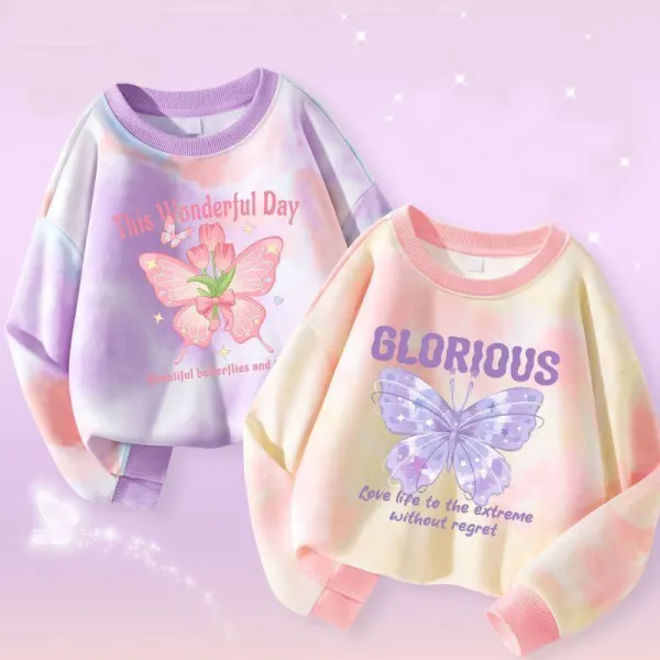【18M-8Y】Girls Casual Tie-Dye Butterfly Print Round Neck Sweatshirt - Popopieshop.com 