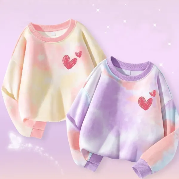【18M-8Y】Girls Casual Tie-Dye Heart Print Round Neck Sweatshirt - Popopieshop.com 