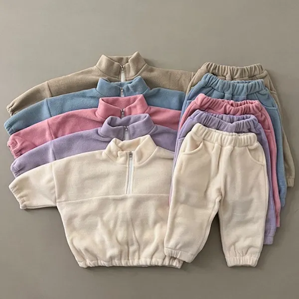 【6M-6Y】2-piece Unisex Casual Solid Color Polar Fleece Warm High Neck Sweatshirt And Pants Set - Popopieshop.com 