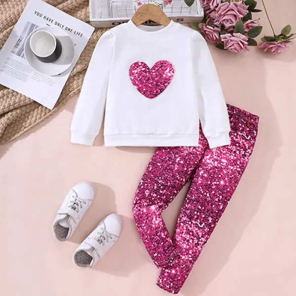 【18M-6Y】2-piece Girls Casual Heart Embroidered Crewneck Sweatshirt And Sequin Printed Pants Set - Thepopopie.com 