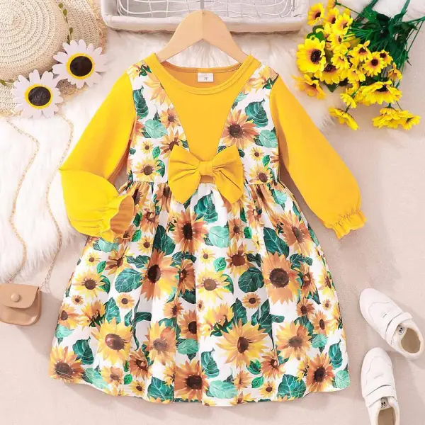 【2Y-7Y】Girls Sweet Sunflower Fake Two-piece Print Long Sleeve Dress - Popopieshop.com 