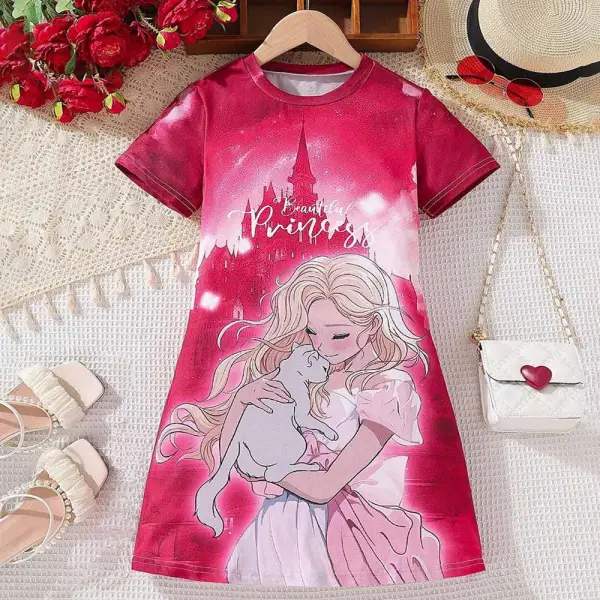 【2Y-10Y】Girls Cute Girl And Cat Print Short Sleeve Dress - Popopieshop.com 