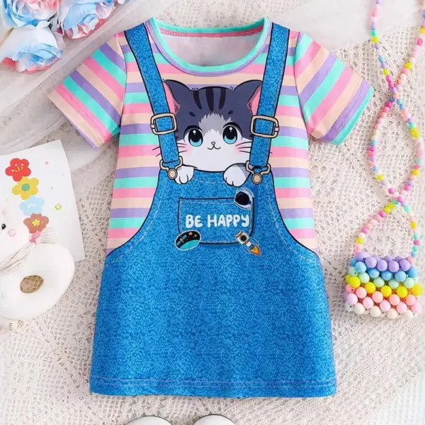【2Y-10Y】Girls Cute Strap Fake Two Piece Cat Print Short Sleeve Dress - Popopieshop.com 