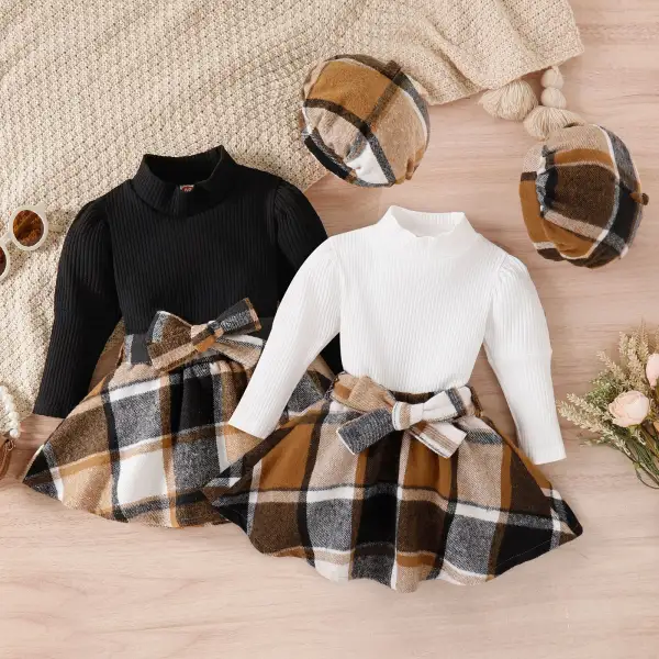 【12M-5Y】3-piece Girls Sweet Solid Color Puff Sleeve T-shirt And Plaid Skirt Set With Hat - Popopieshop.com 