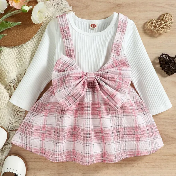 【12M-5Y】2-piece Girls Sweet White Long Sleeve T-shirt And Bowknot Suspender Skirt Set - Popopieshop.com 