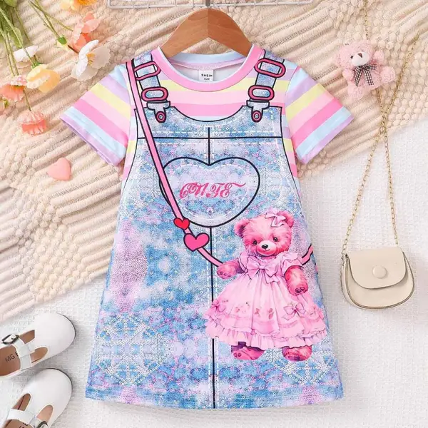 【2Y-10Y】Girls Cute Strap Fake Two-Piece Bear Crossbody Bag Printed Short Sleeve Dress - Popopieshop.com 