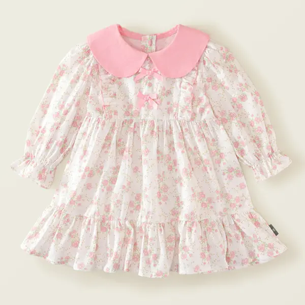 【18M-8Y】Girls Pink Floral Lapel Long Sleeve Dress - Popopieshop.com 
