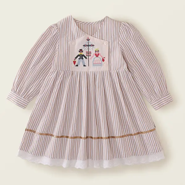【18M-8Y】Girls Striped Cartoon Embroidered Long Sleeve Dress - Popopieshop.com 