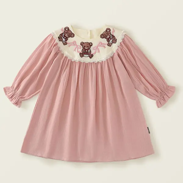 【18M-8Y】Girls Pink Bear Embroidered Long Sleeve Dress - Popopieshop.com 
