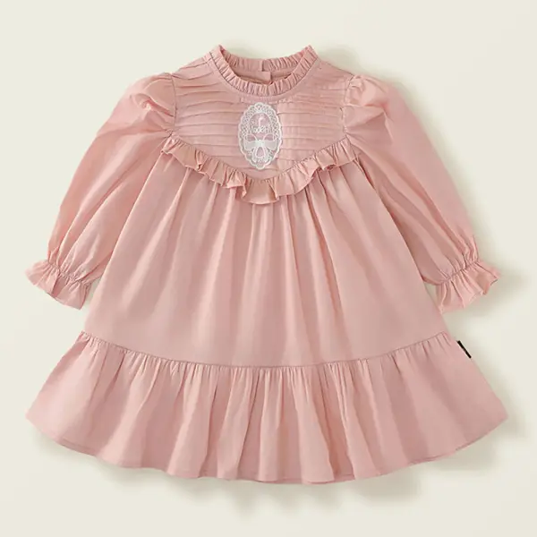 【18M-8Y】Girls Pink Lace Embroidered Long Sleeve Dress - Popopieshop.com 