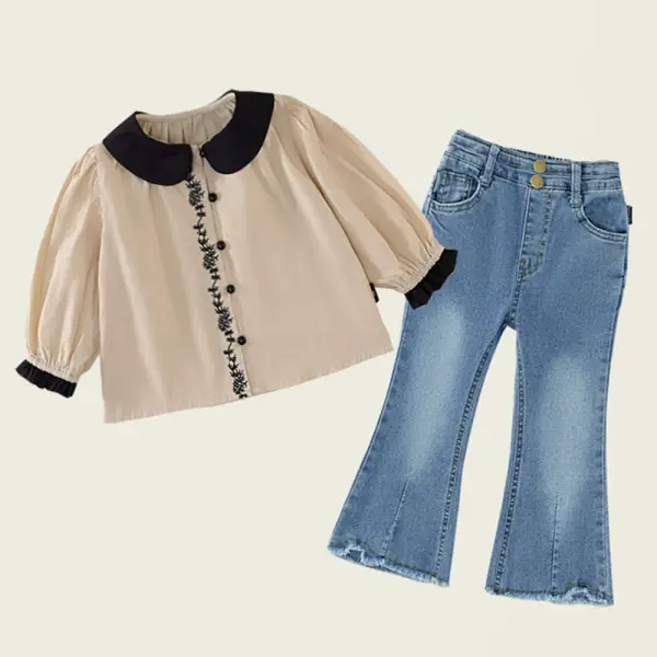 【18M-8Y】2-piece Girls Embroidered Long Sleeve Shirt And Jeans Set - Popopieshop.com 