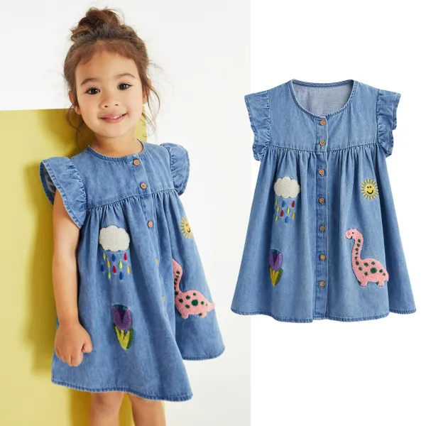 【1Y-7Y】Girls Cute Dinosaur And Flower And Sun Embroidered Blue Denim Dress - Popopieshop.com 