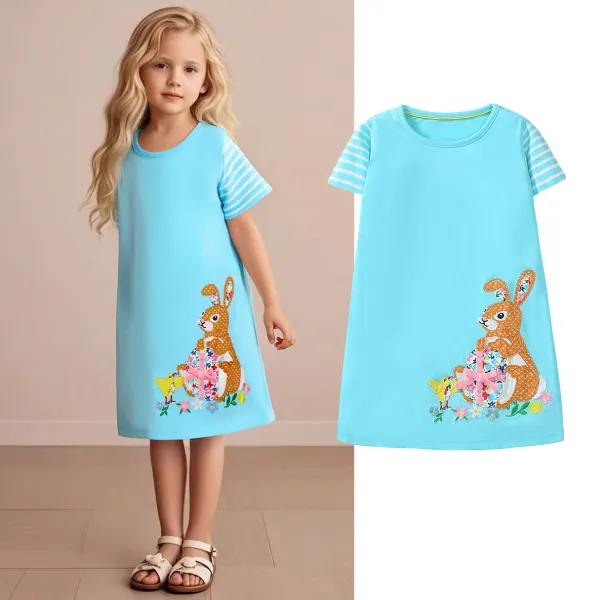 【1Y-7Y】Girls Cute Cartoon Bunny And Flower Embroidery Blue Short Sleeve Dress - Popopieshop.com 
