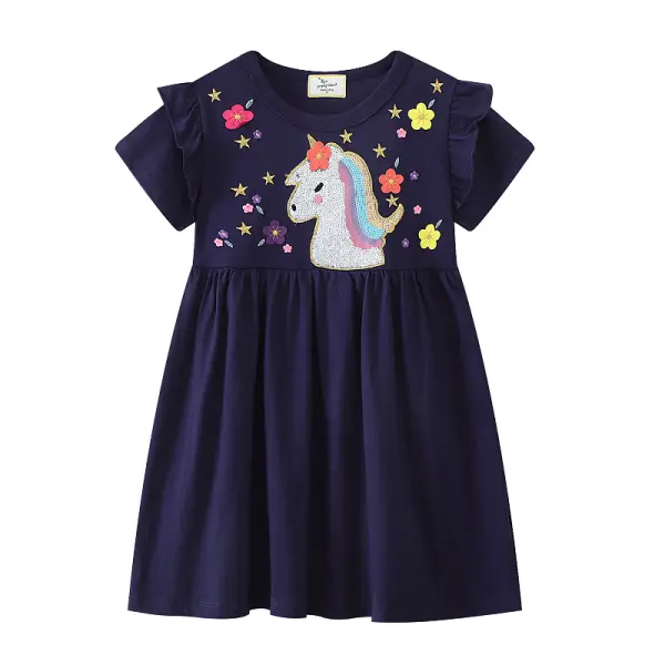 【1Y-7Y】Girls Cute Unicorn And Floral Embroidered Navy Short Sleeve Dress - Popopieshop.com 