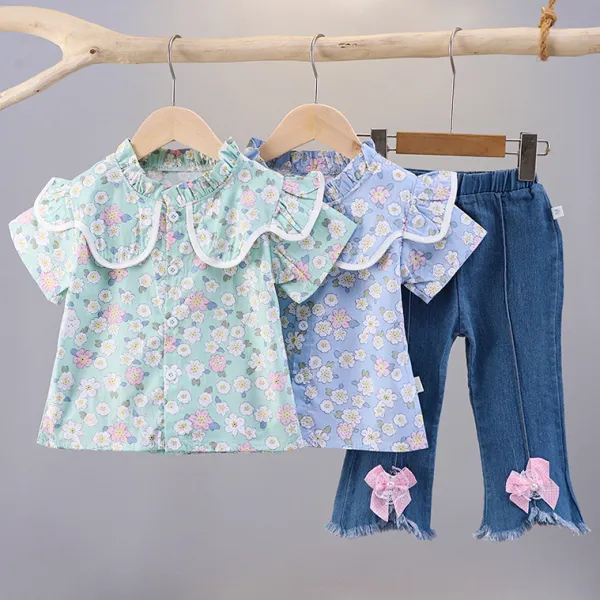 【6M-3Y】2-piece Girls Sweet And Stylish Floral Print Short Sleeve Blouse And Blue Bow Jeans Set - Popopieshop.com 
