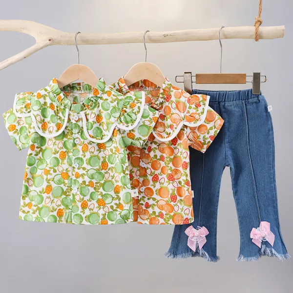 【6M-3Y】2-piece Girls Sweet Fashion Fruit Print Short Sleeve Blouse And Blue Bow Jeans Set - Popopieshop.com 