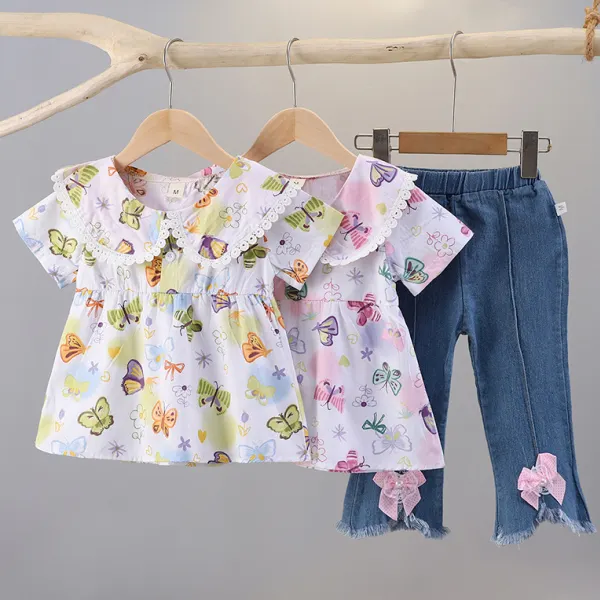 【6M-3Y】2-piece Girls Sweet And Stylish Flower And Butterfly Print Short Sleeve Blouse And Blue Bow Jeans Set - Popopieshop.com 