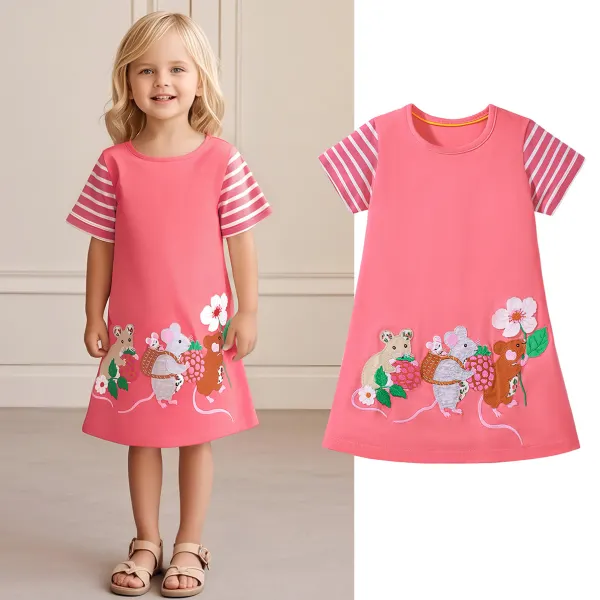 【1Y-7Y】Girls Cute Cartoon Mouse And Flower Embroidery Pink Short Sleeve Dress - Popopieshop.com 