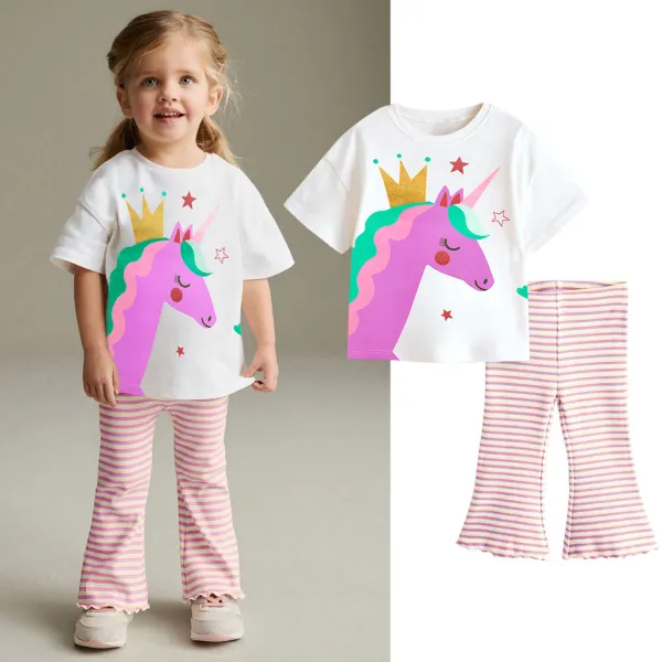 【1Y-7Y】2-piece Girls Cute Unicorn Print White T-shirt And Striped Pants Set - Popopieshop.com 