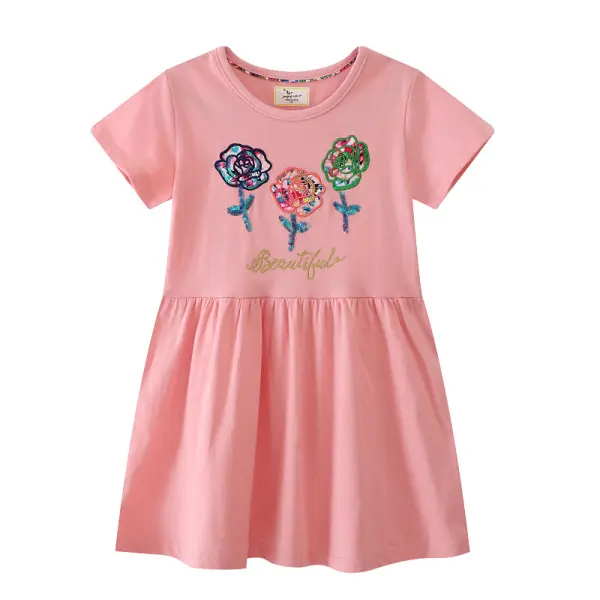 【1Y-7Y】Girls Cute Rose And Letter Embroidered Pink Short Sleeve Dress - Popopieshop.com 
