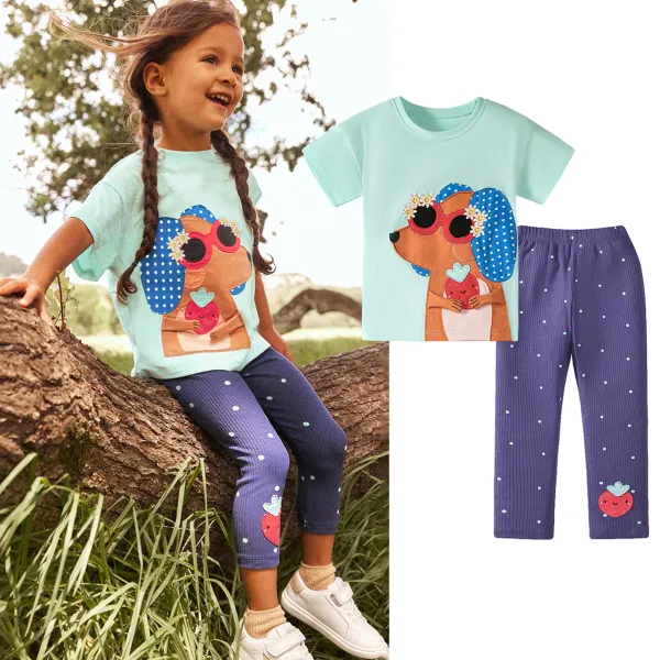 【1Y-7Y】2-piece Girls Cute Cartoon Dog Embroidery And Polka Dot Leggings Set - Popopieshop.com 