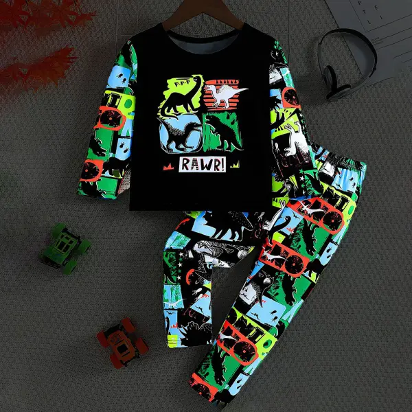 【2Y-7Y】2-piece Boys Luminous Dinosaur Print Long Sleeve Pajama Set - Popopieshop.com 