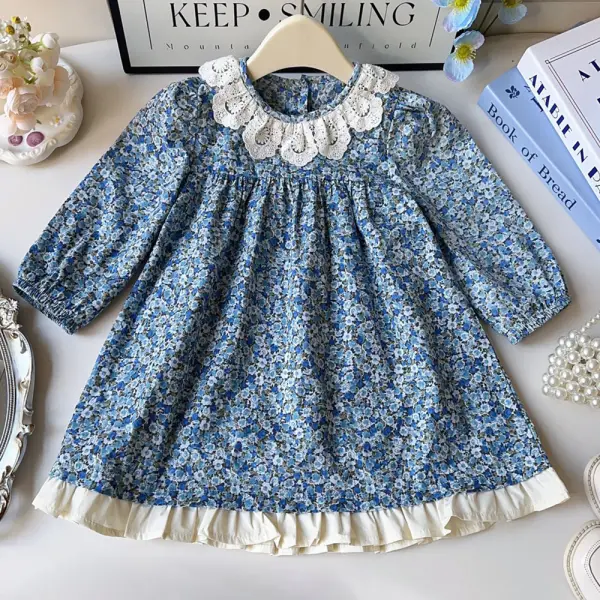 【18M-8Y】Girls Blue Floral Long Sleeve Dress - Popopieshop.com 