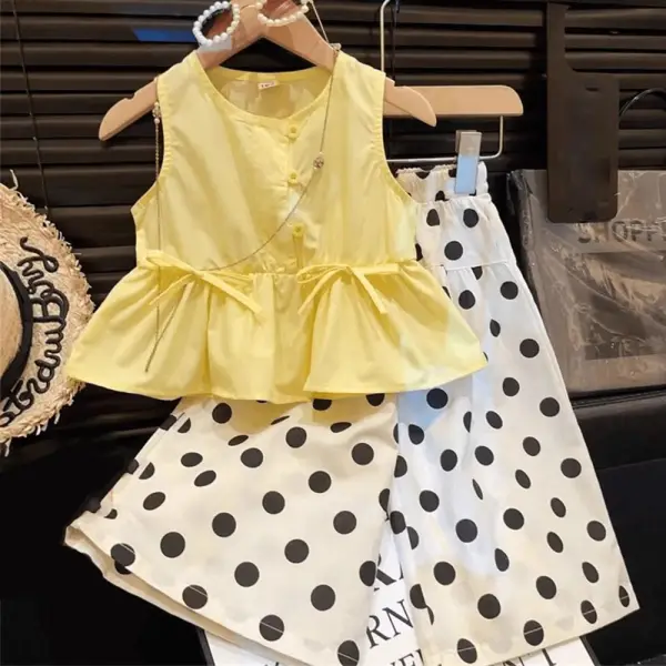 【18M-8Y】2-piece Girls Yellow Top And Polka Dot Pants Set - Popopieshop.com 