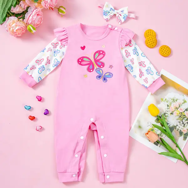 【0M-12M】2-piece Baby Girl Pink Butterfly Print Long Sleeve Rompers With Hairband - Popopieshop.com 
