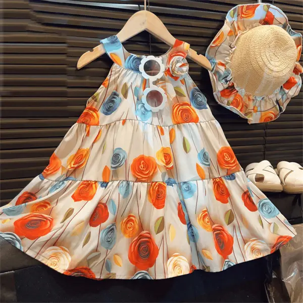 【18M-8Y】2-piece Girls Floral Sleeveless Dress With Hat - Thepopopie.com 