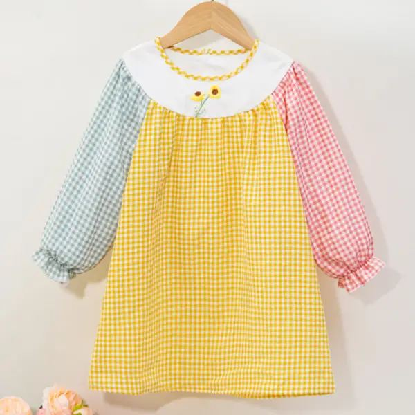 【2Y-7Y】Girls Plaid Floral Embroidered Long Sleeve Dress - Popopieshop.com 