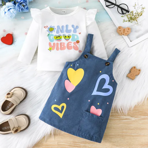 【6M-3Y】2-piece Baby Girls Cute Letter Printed White T-shirt And Heart Shape Printed Blue Sling Dress Set - Popopieshop.com 
