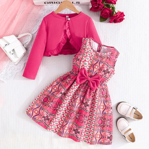 【2Y-8Y】2-piece Girls Stylish Vintage Pattern Print Sleeveless Dress And Rose Cardigan Set - Popopieshop.com 