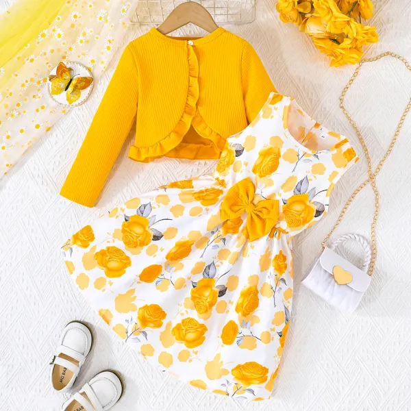 【2Y-8Y】2-piece Girls Sweet And Cute Floral Print Sleeveless Dress And Yellow Cardigan Set - Thepopopie.com 