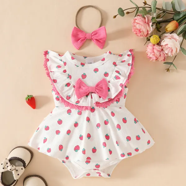 【0M-18M】2-piece Baby Girl Cute Pink Strawberry Printed Ruffle Romper Free Bow Hair Ribbon - Popopieshop.com 
